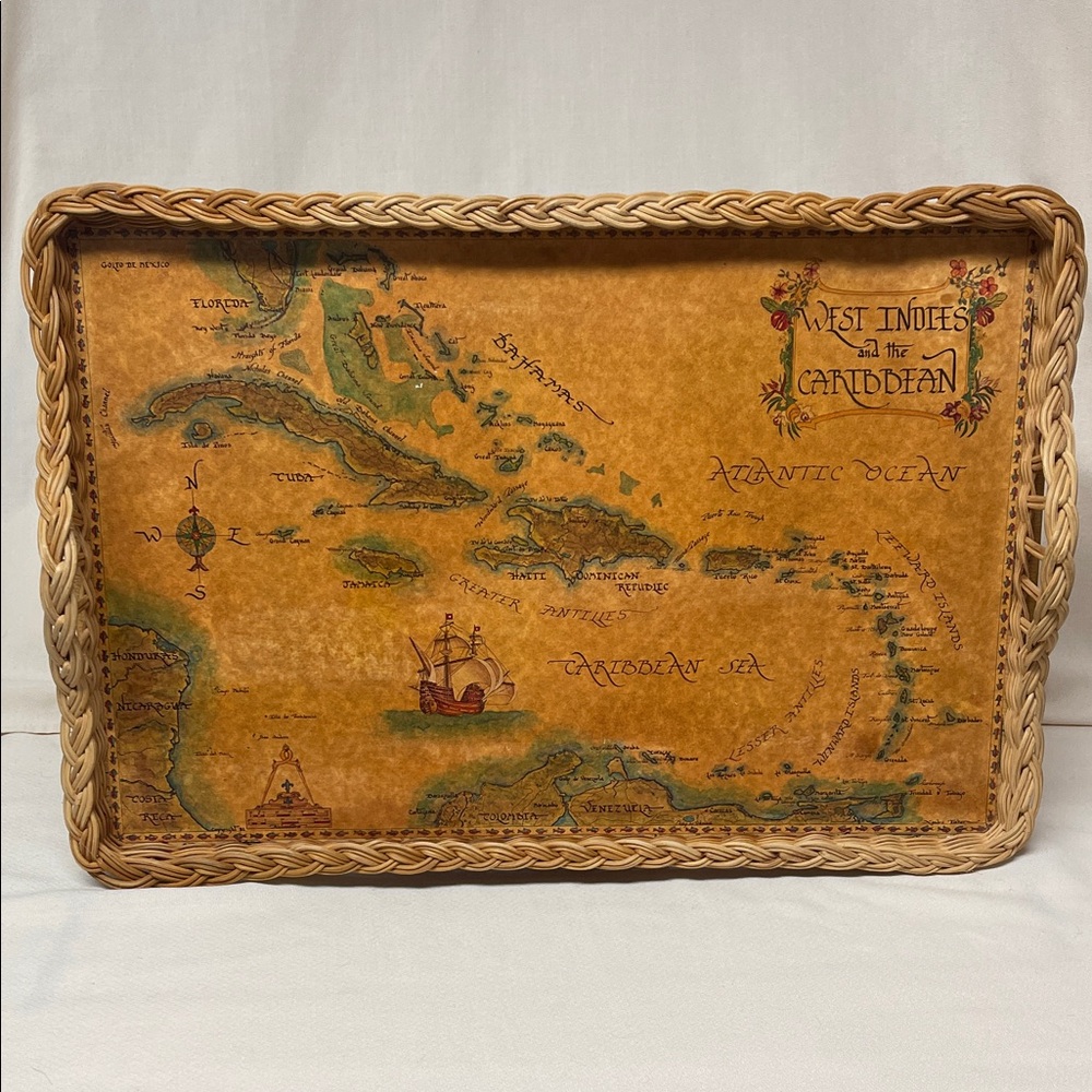 Vintage Craft Wicker Tray with Map of West Indies and The Caribbean